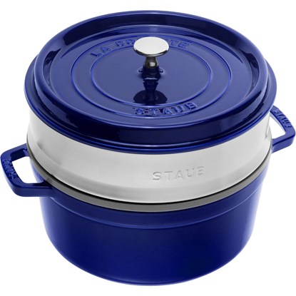 Hrnec STAUB kulatý 26 cm modrý s pařákem_1