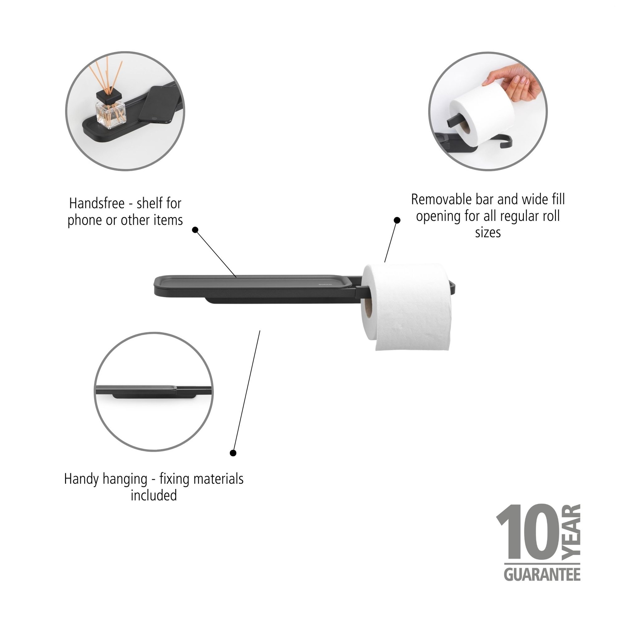 Držák toaletního papíru s poličkou Brabantia MINDSET D.42cm tmavě šedý_1
