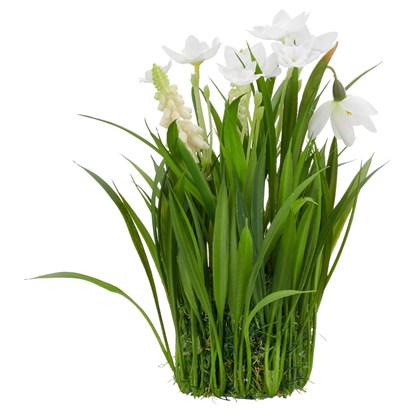 Jarní květiny v květináči s trávou 14x14x19 cm, bílá_1